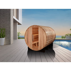 Golden Designs Klosters 6 Person Outdoor Barrel Traditional Sauna poolside lifestyle