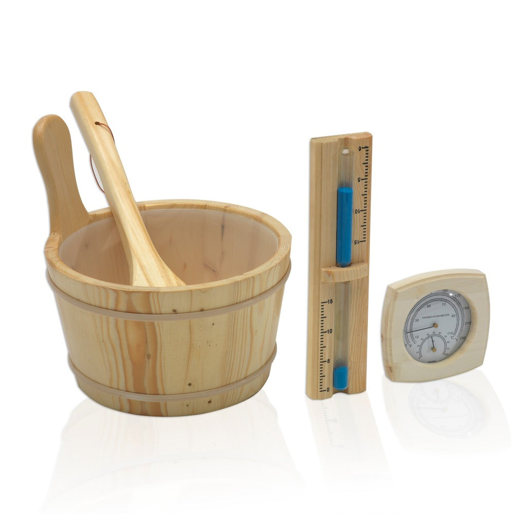 Golden Designs Modern Outdoor Hybrid Sauna accessory kit with bucket scoop and hourglass
