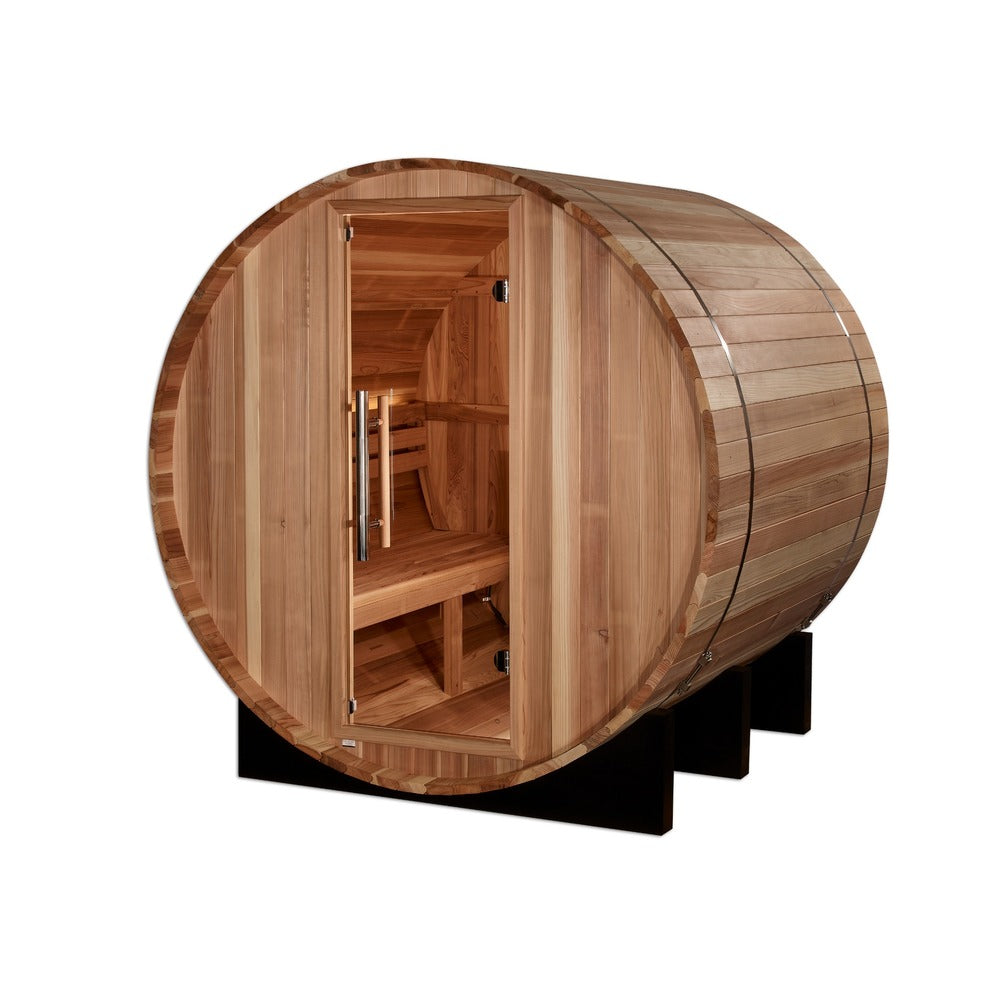 Golden Designs St. Moritz 2 Person Outdoor Barrel Traditional Sauna front view