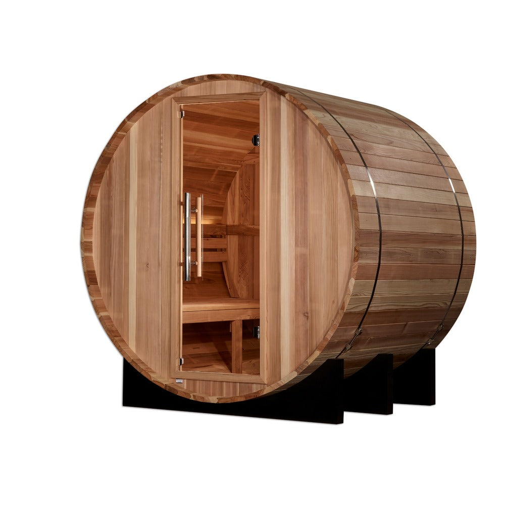 Golden Designs St. Moritz 2 Person Outdoor Barrel Traditional Sauna front view