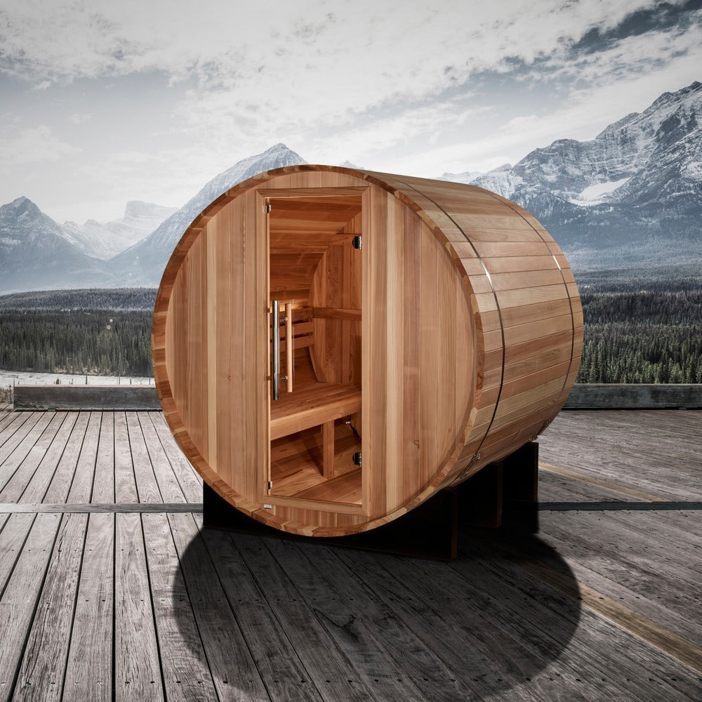 Golden Designs St. Moritz 2 Person Outdoor Barrel Traditional Sauna mountain deck lifestyle