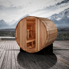 Golden Designs St. Moritz 2 Person Outdoor Barrel Traditional Sauna mountain deck lifestyle