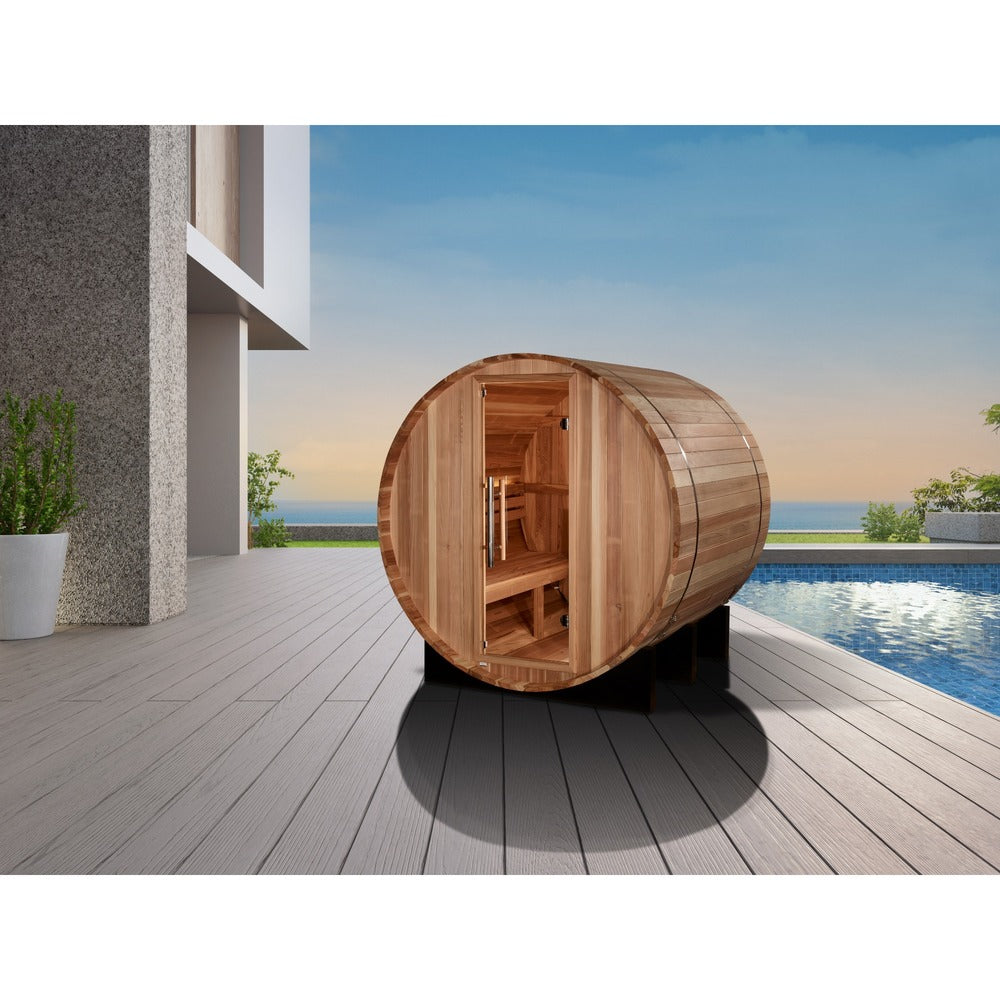 Golden Designs St. Moritz 2 Person Outdoor Barrel Traditional Sauna poolside lifestyle