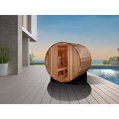 Golden Designs St. Moritz 2 Person Outdoor Barrel Traditional Sauna poolside lifestyle