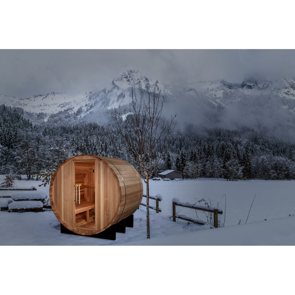 Golden Designs St. Moritz 2 Person Outdoor Barrel Traditional Sauna snow lifestyle