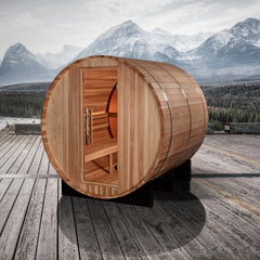 Golden Designs Zurich 4 Person Outdoor Barrel Traditional Sauna mountain deck lifestyle