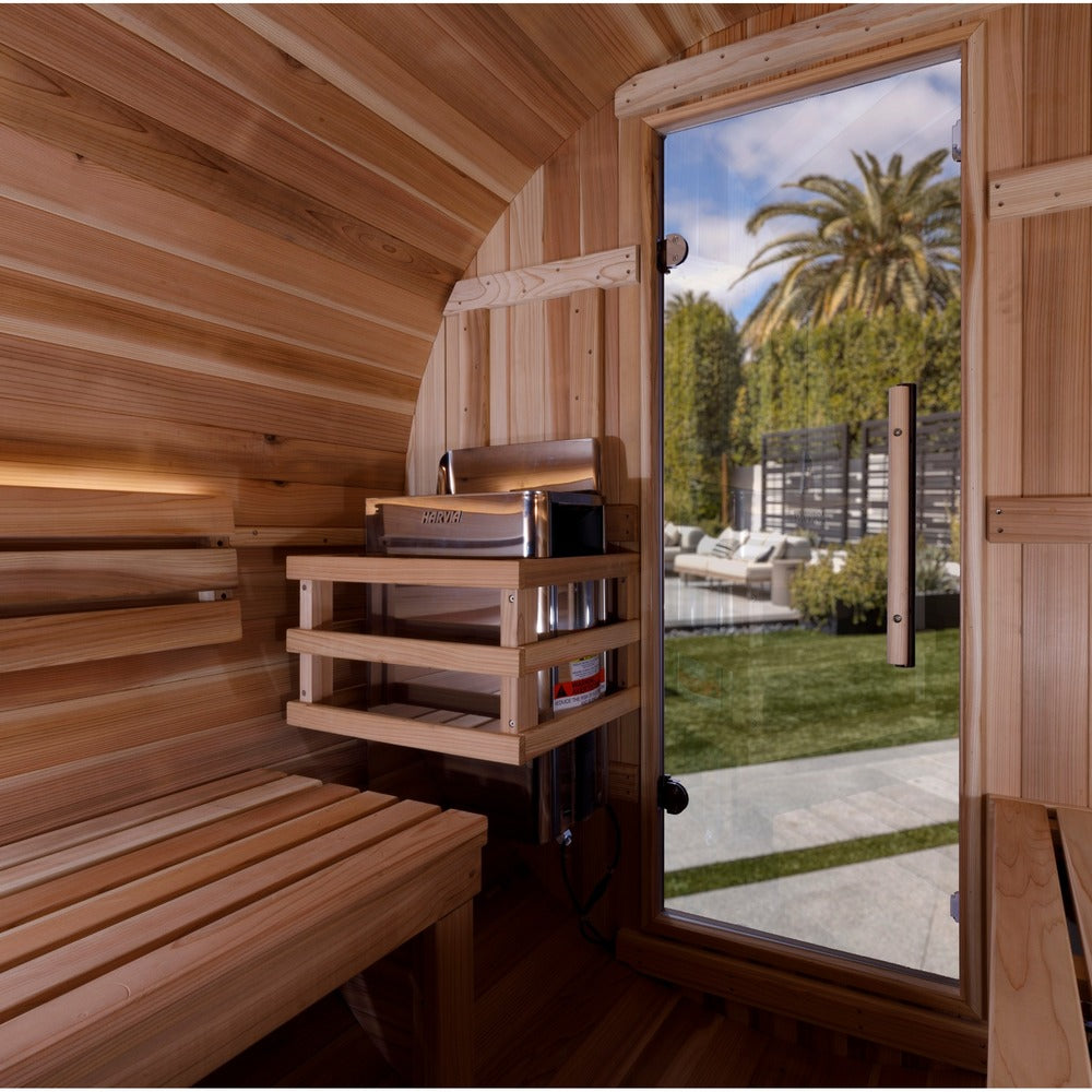 Golden Designs Zurich 4 Person Outdoor Barrel Traditional Sauna open door detail
