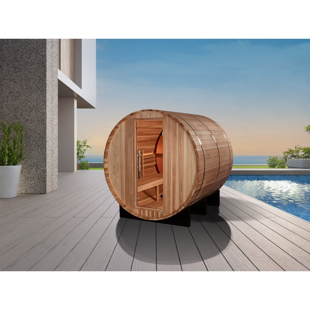 Golden Designs Zurich 4 Person Outdoor Barrel Traditional Sauna poolside lifestyle