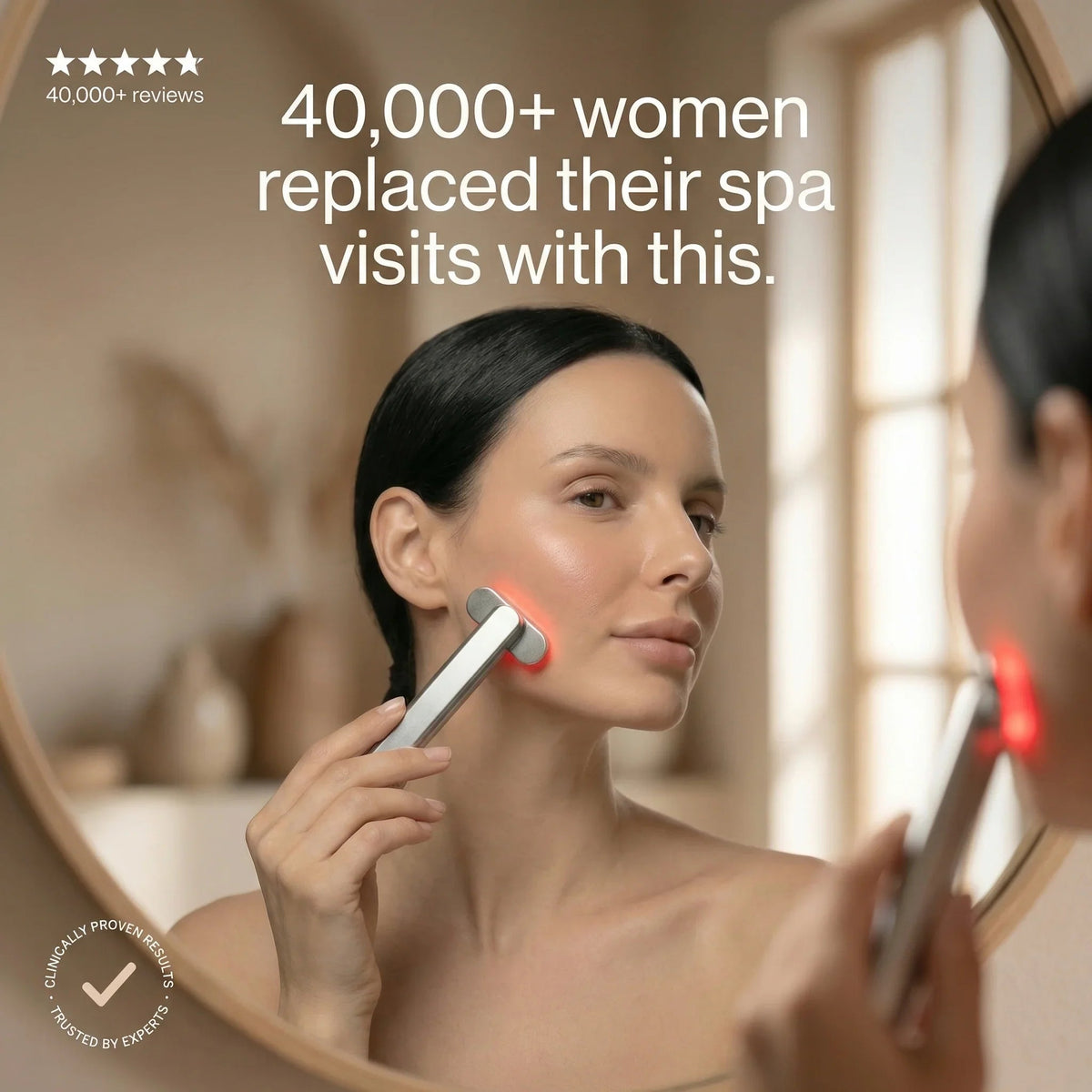 Woman using the Nicebeam 4-in-1 Skincare Wand on her cheek in front of a mirror