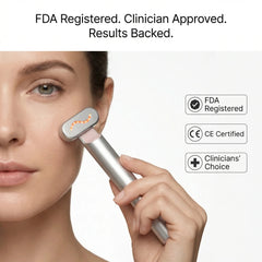 Woman holding the Nicebeam 4-in-1 Skincare Wand beside icons for FDA, CE and clinicians