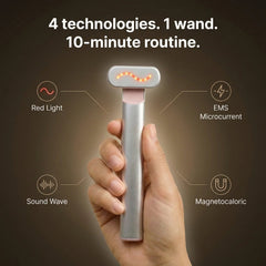 Hand holding the Nicebeam 4-in-1 Skincare Wand with labels for its 4 technologies