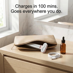 Nicebeam 4-in-1 Skincare Wand with charging cable and pouch on a bathroom counter