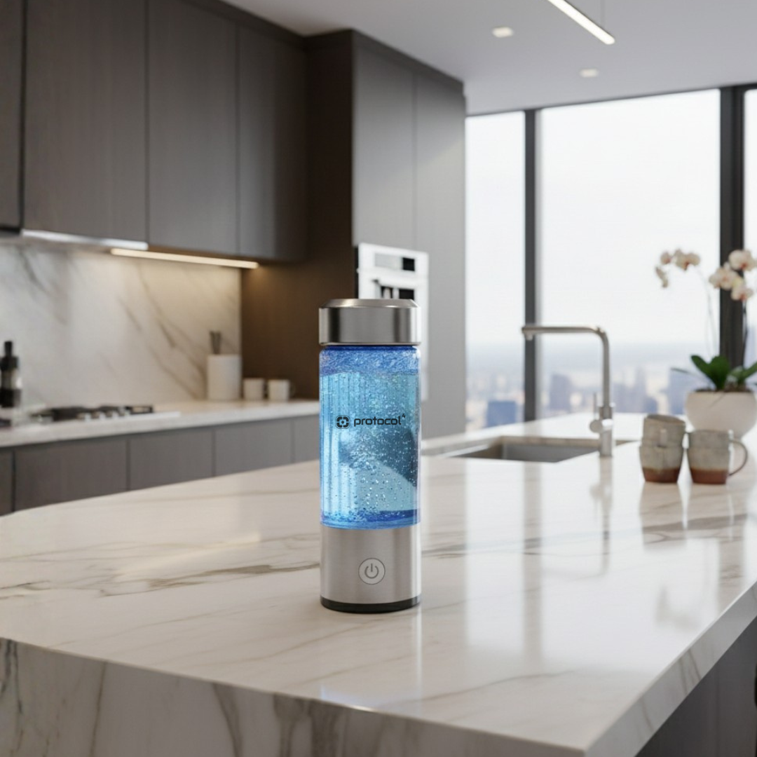 Protocol⁴ glass hydrogen water bottle on a kitchen counter