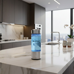 Protocol⁴ glass hydrogen water bottle on a kitchen counter