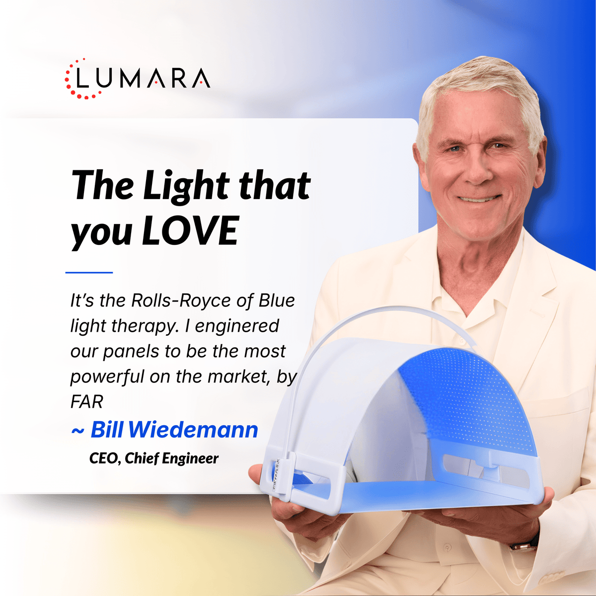 Lumara chief engineer holding the Illuminate Blue light therapy panel