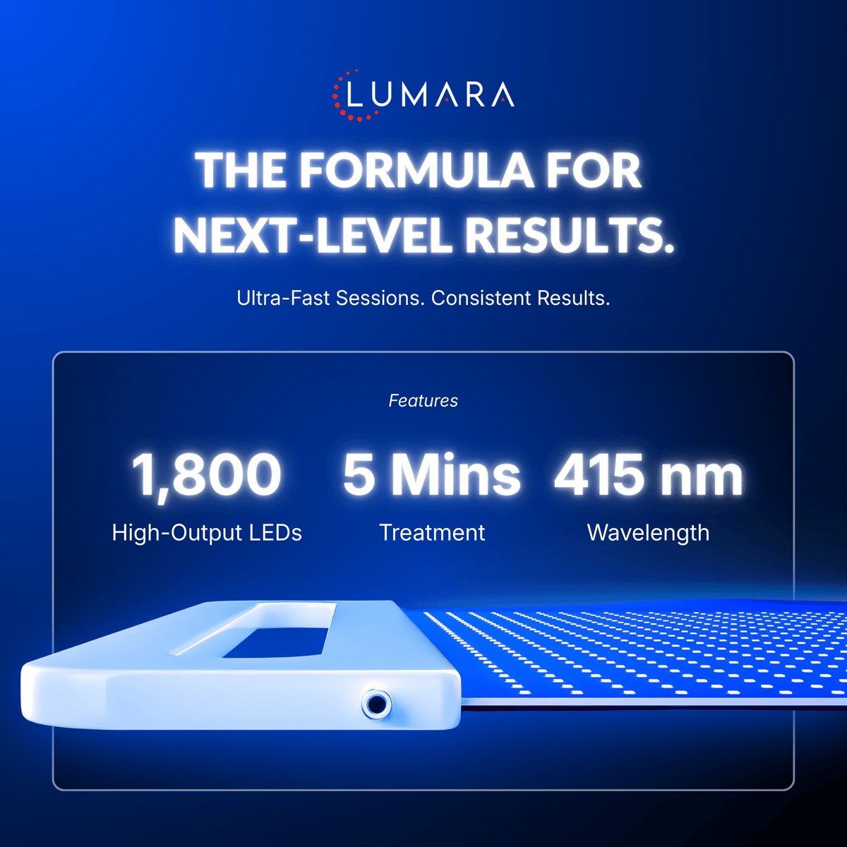 Lumara Illuminate Blue V1 specifications with 1,800 LEDs, 415 nm wavelength and five minute sessions