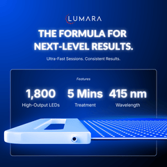 Lumara Illuminate Blue V1 specifications with 1,800 LEDs, 415 nm wavelength and five minute sessions