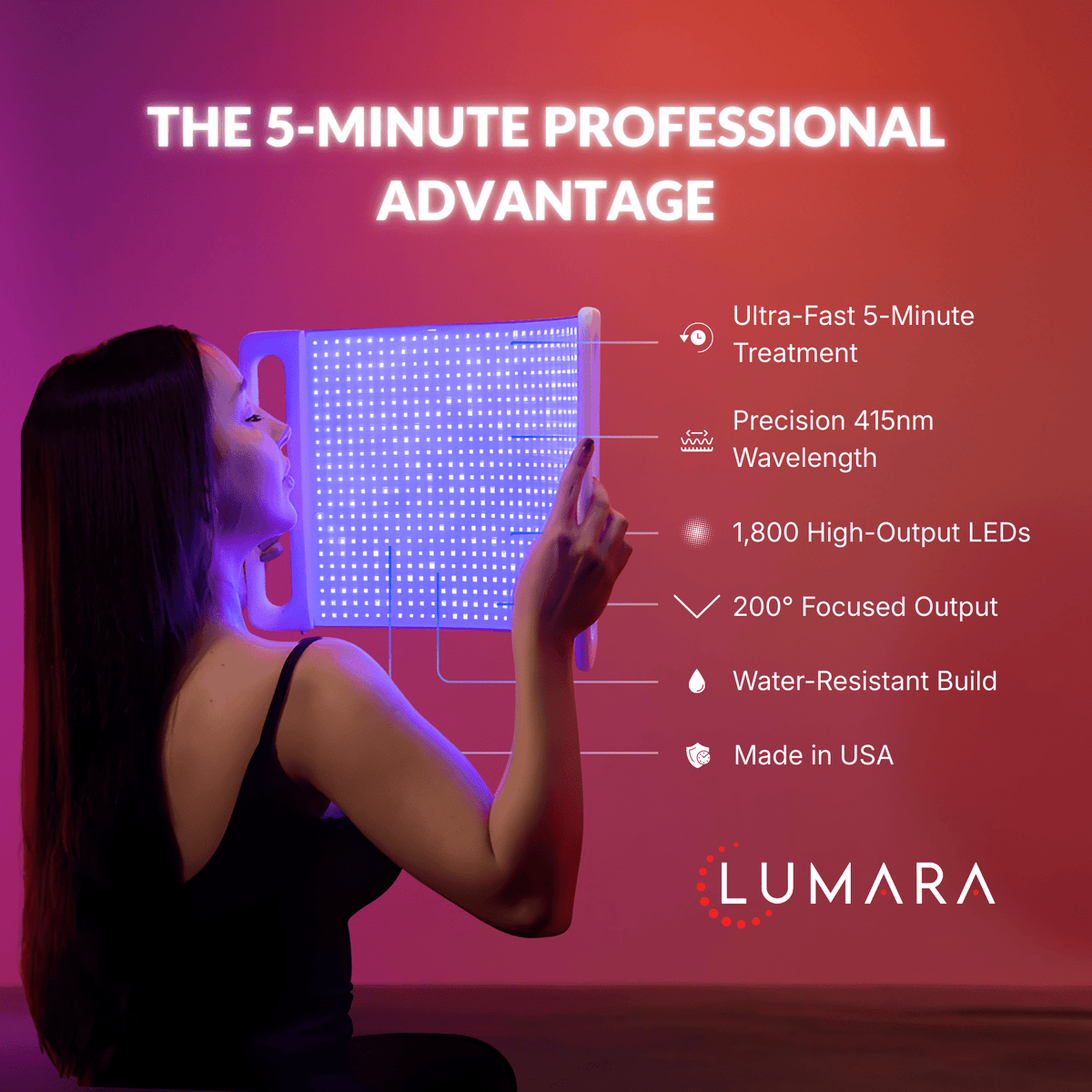 Woman using the Lumara Illuminate Blue V1 415 nm blue light therapy panel
