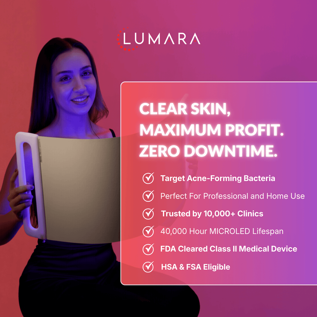 Woman holding the Lumara Illuminate Blue V1 panel with product feature details
