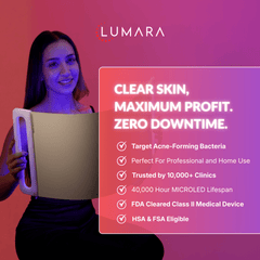 Woman holding the Lumara Illuminate Blue V1 panel with product feature details