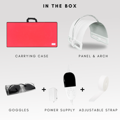 Lumara Illuminate Blue V1 panel with controller, goggles, power cord and carrying case