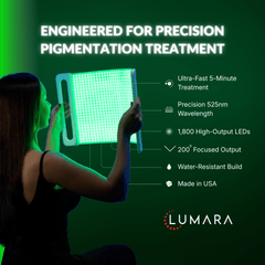 Lumara Illuminate Green V1 specifications with 1,800 LEDs, 525 nm wavelength and five minute sessions