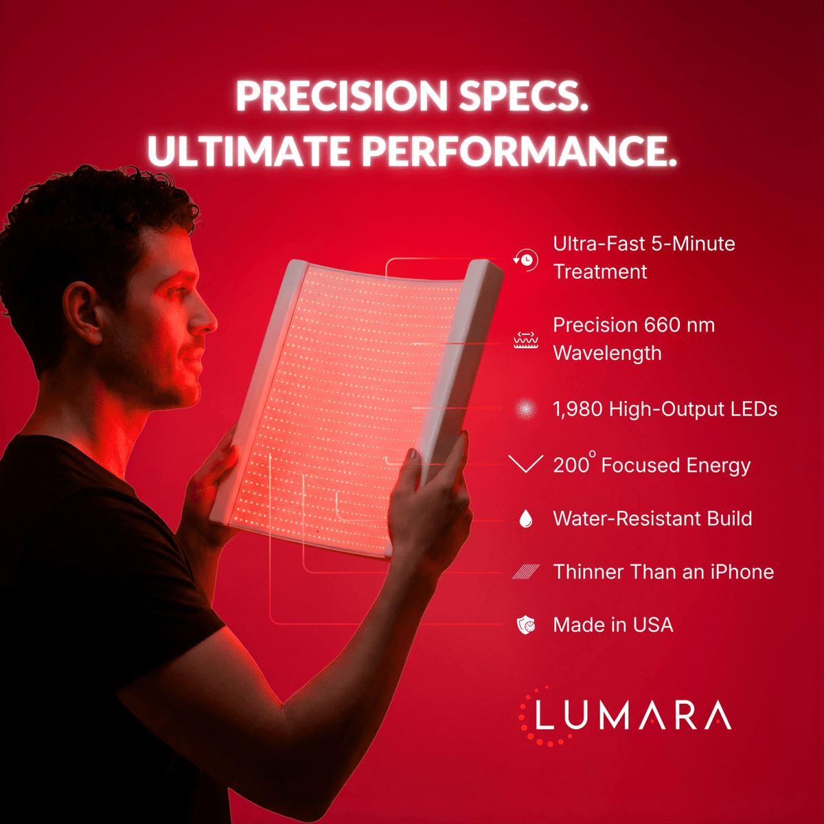 Lumara Illuminate Red V2 technical specifications including 660 nm light and 1,980 LEDs