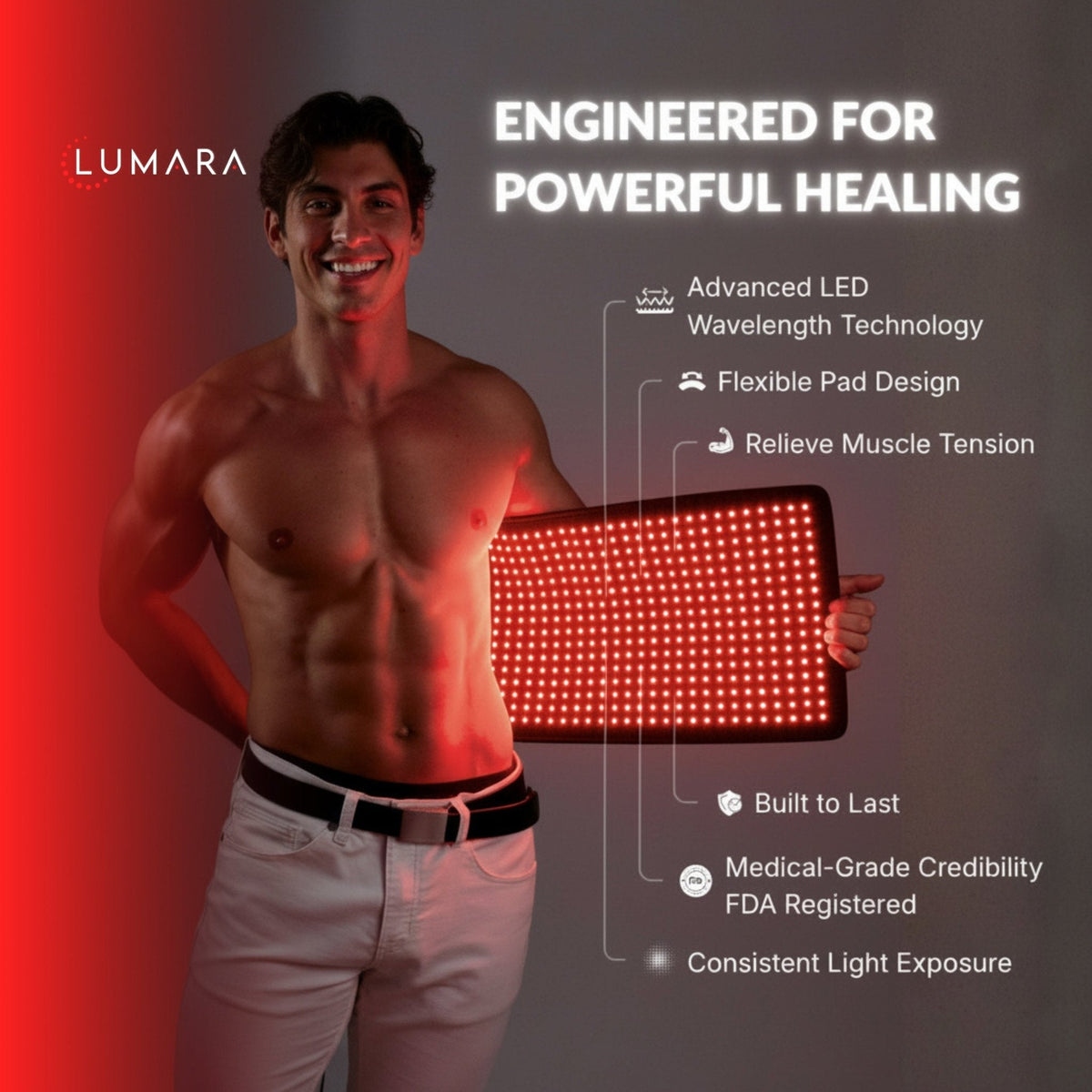 Man holding the Lumara Pad with flexible body coverage features