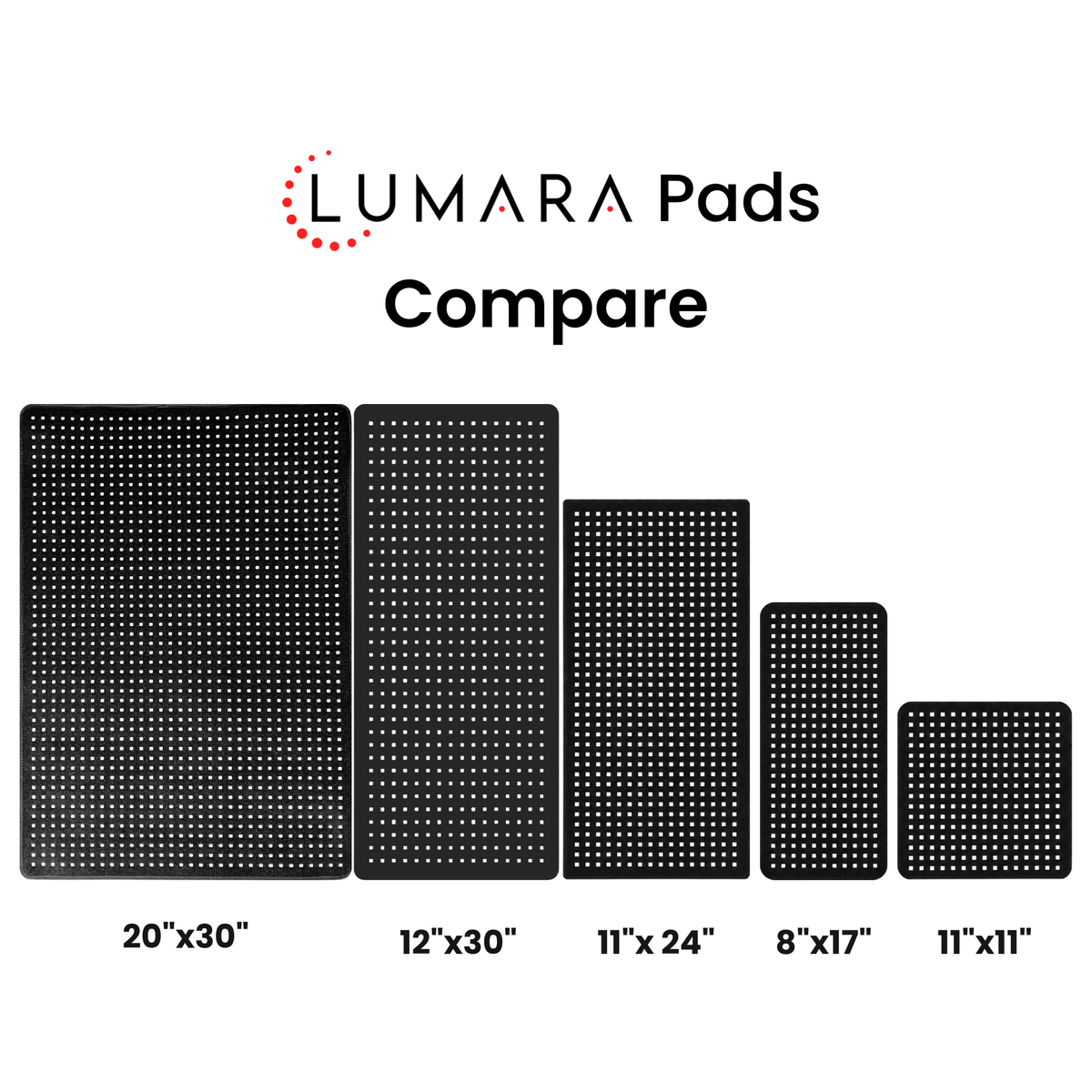Lumara Pad size comparison from 11 by 11 inches to 20 by 30 inches