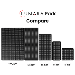 Lumara Pad size comparison from 11 by 11 inches to 20 by 30 inches