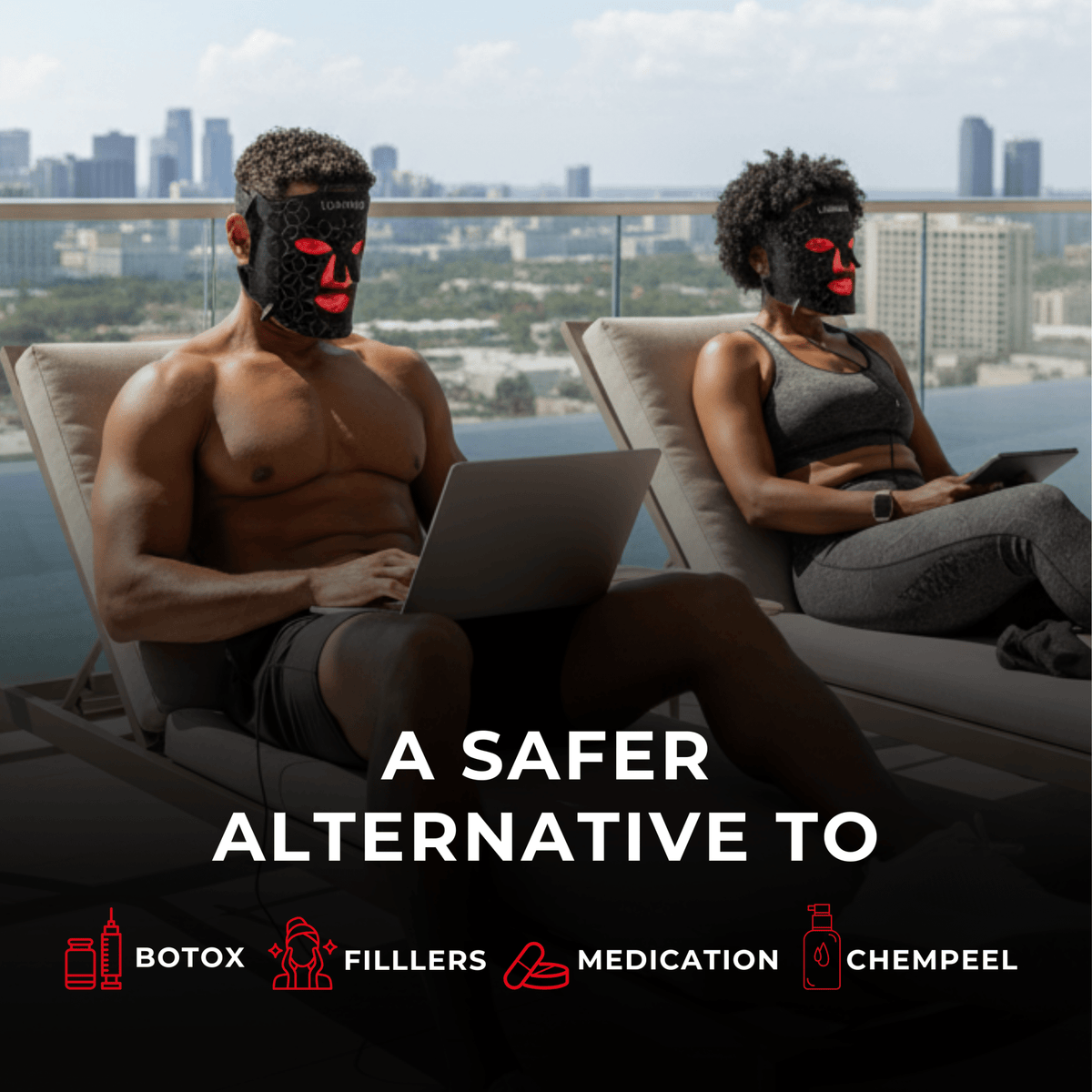 Man and woman wearing Lumara VISO red light therapy masks outdoors