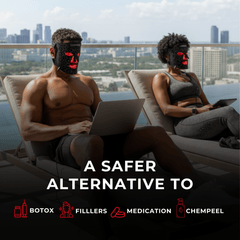 Man and woman wearing Lumara VISO red light therapy masks outdoors