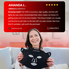 Amanda holding the Lumara VISO mask in a customer review image