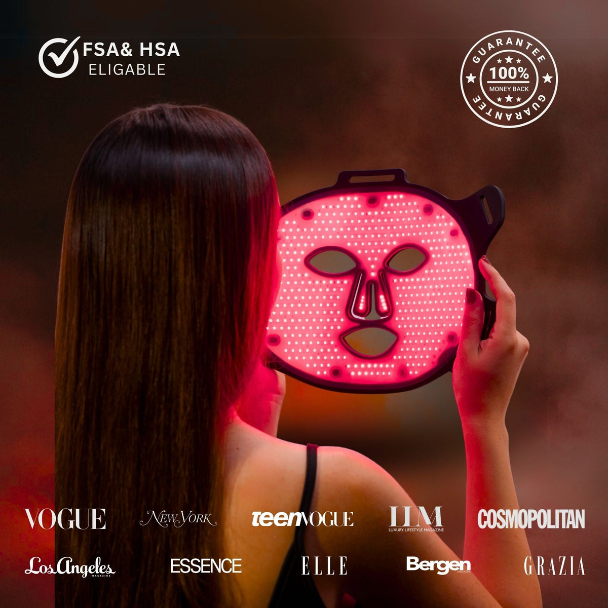 Woman holding the illuminated Lumara VISO mask with HSA and FSA eligibility badges