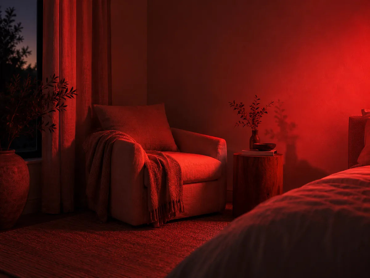 A cozy bedroom scene bathed in warm red ambient lighting, featuring a cushioned armchair with a draped throw blanket, a small wooden side table with a vase of branches, and part of a bed in the foreground.