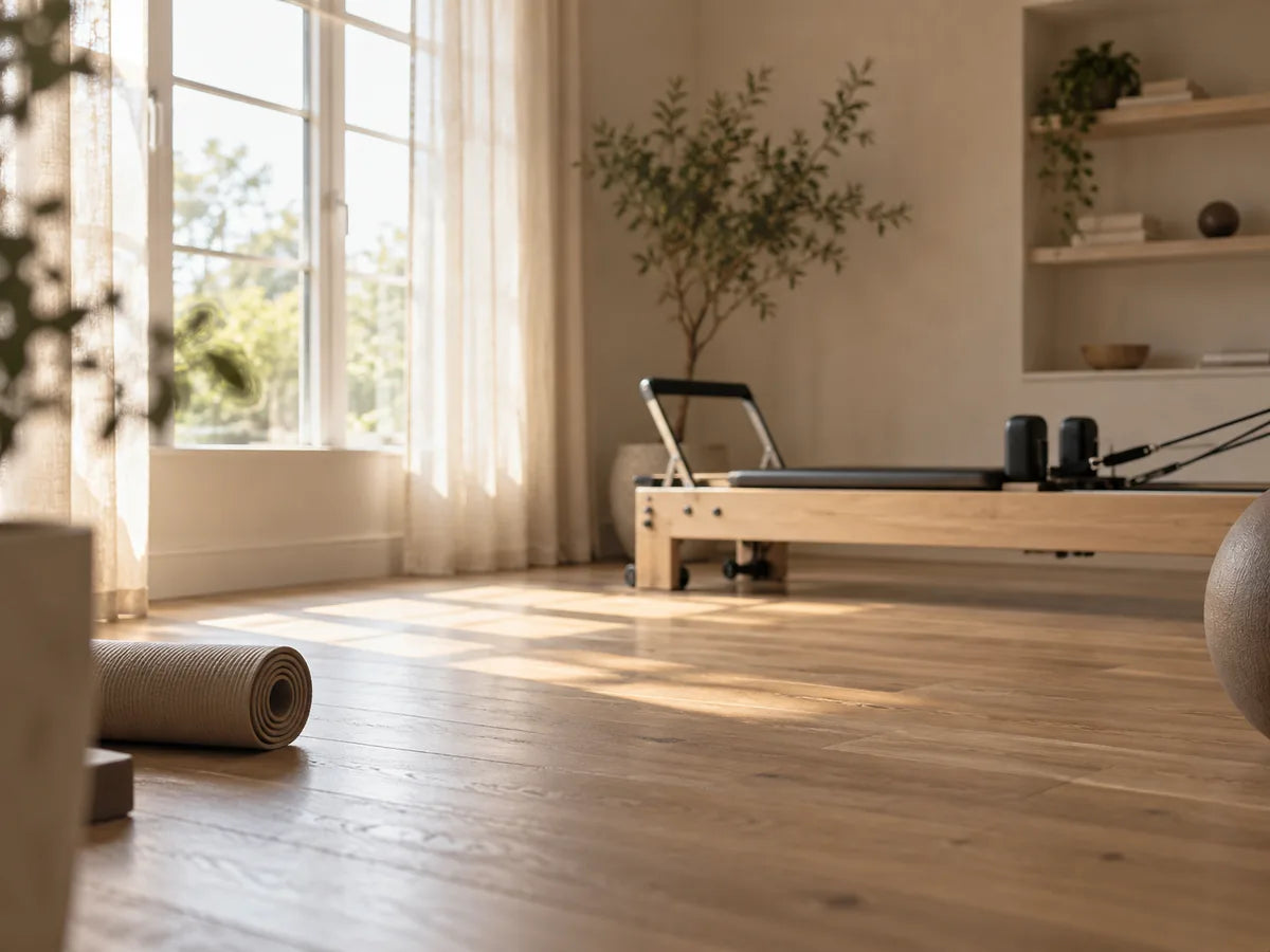 A Pilates reformer machine in a bright, modern studio with light wood floors, large windows with sheer curtains, and a yoga mat on the floor in the foreground.