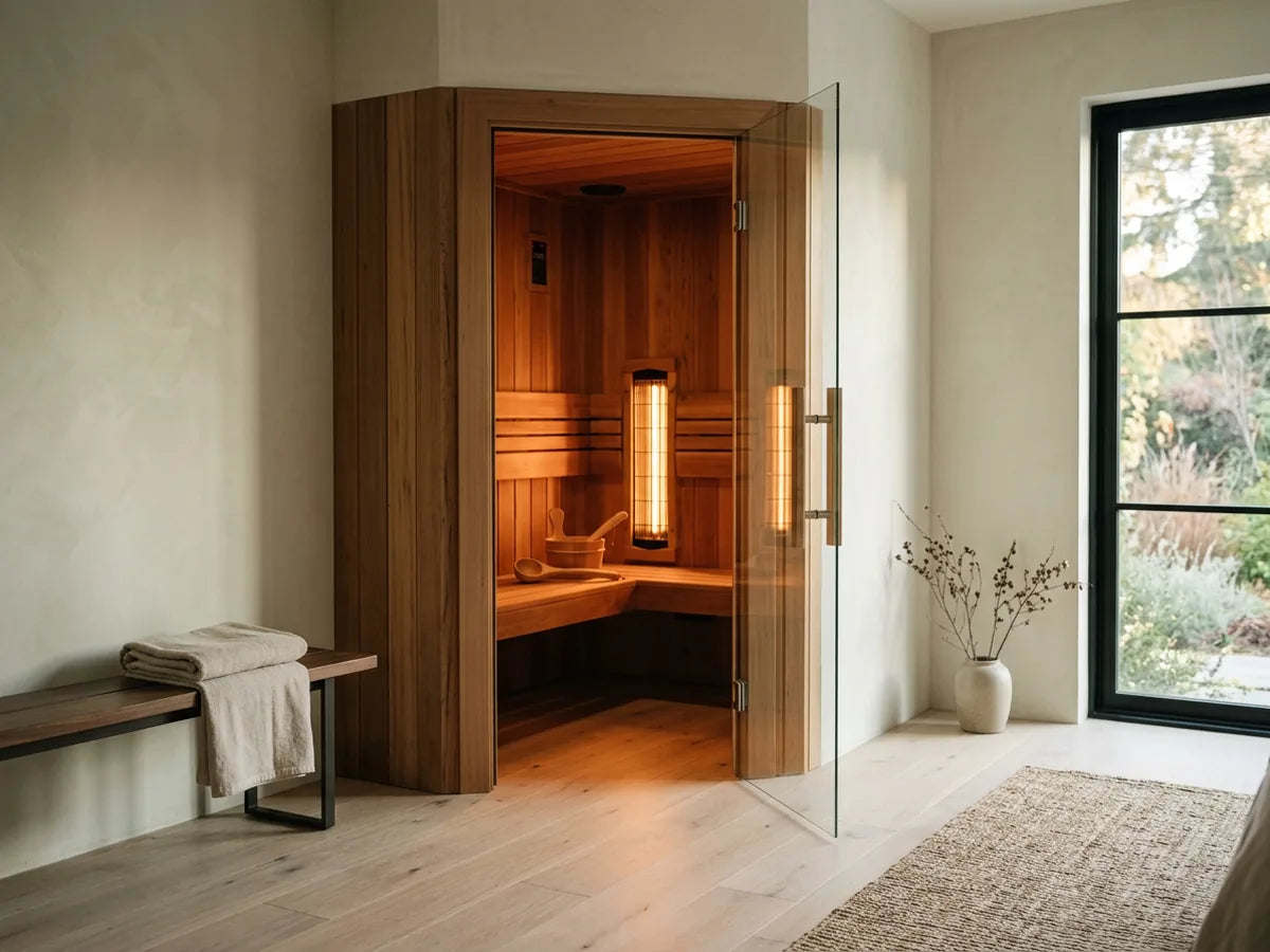 A corner wooden sauna with a glass door, open to reveal warm wood benches and a vertical infrared heater, set in a modern spa-like room with a window, bench, and towels.