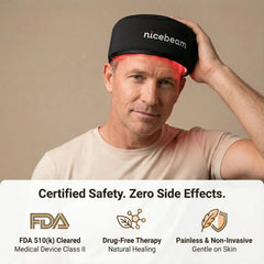 Man wearing the Nicebeam Red Light Therapy Hat above a row of certification icons
