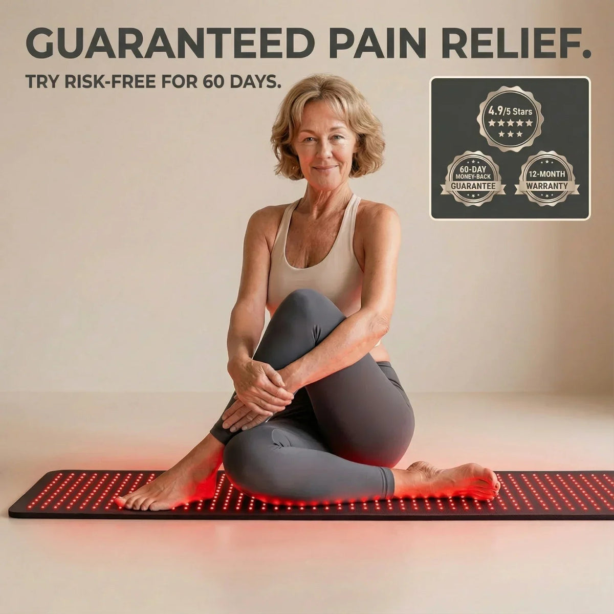 women sitting down on the red light therapy pad