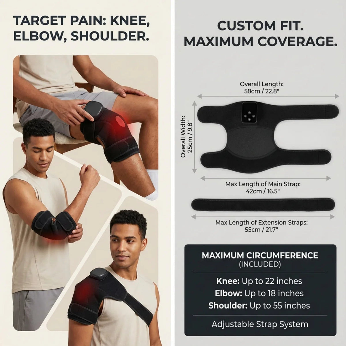 Nicebeam knee pad shown positioned around the knee, elbow and shoulder with sizing details