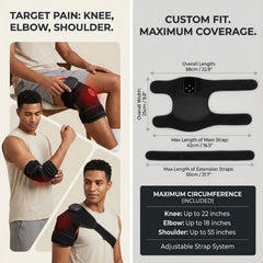 Nicebeam knee pad shown positioned around the knee, elbow and shoulder with sizing details