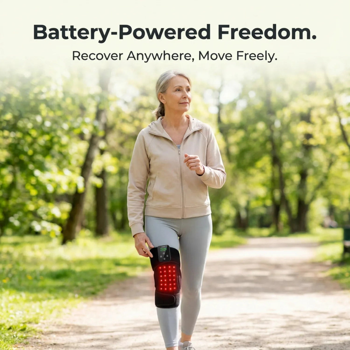 Woman walking outdoors while wearing the cordless Nicebeam knee pad