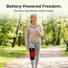 Woman walking outdoors while wearing the cordless Nicebeam knee pad