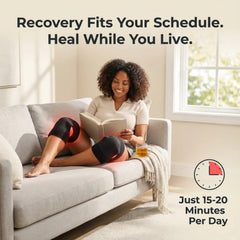 Woman relaxing on a sofa while wearing the Nicebeam knee pad