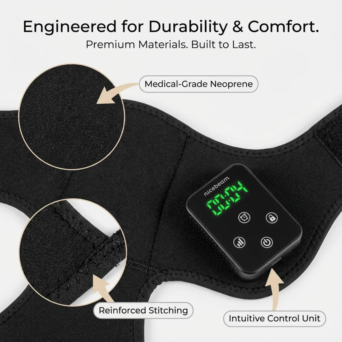 Close view of the Nicebeam knee pad neoprene material, reinforced stitching and controller
