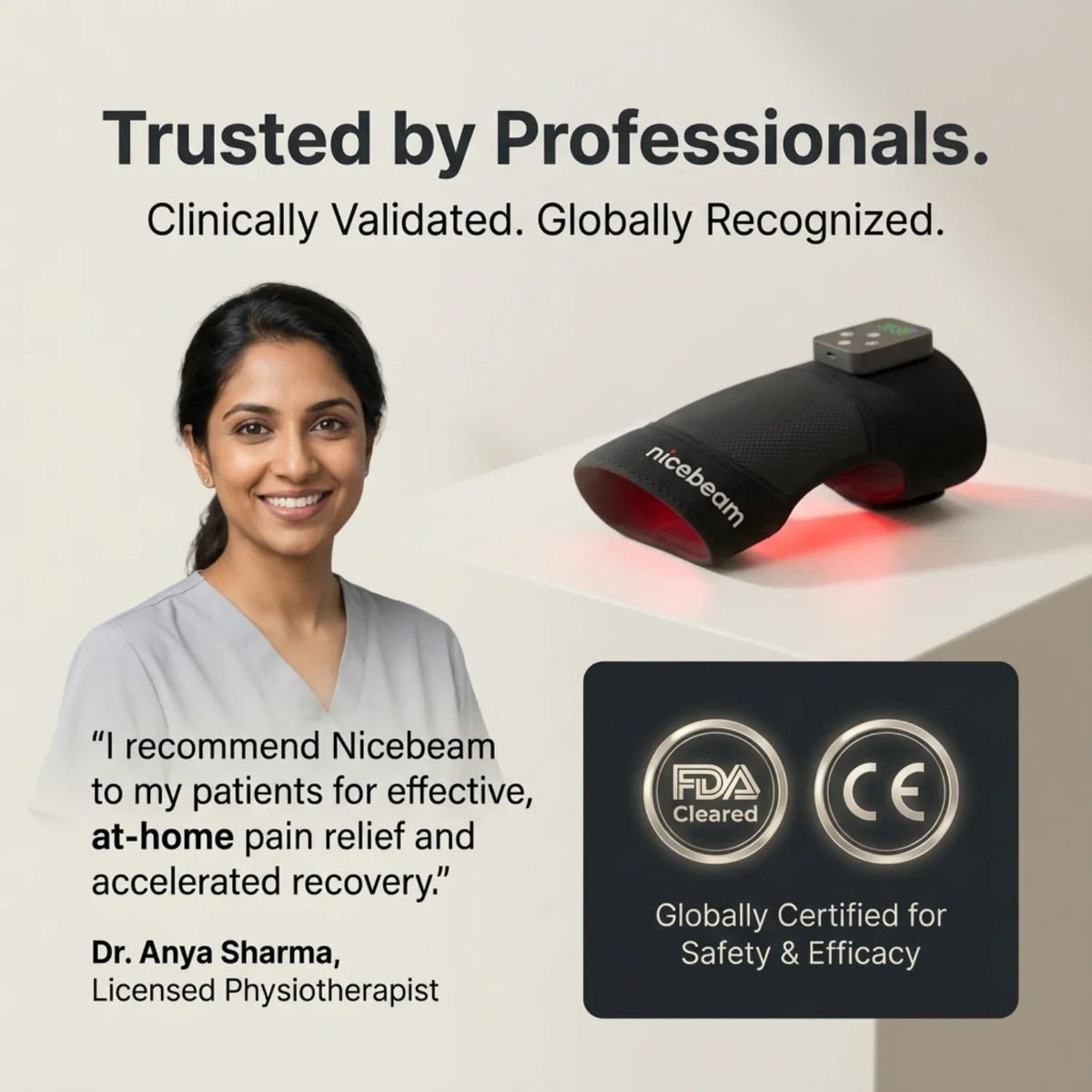 Professional testimonial graphic featuring the Nicebeam knee pad and FDA and CE badges