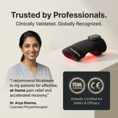 Professional testimonial graphic featuring the Nicebeam knee pad and FDA and CE badges