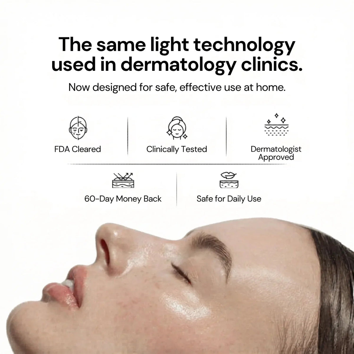 Light therapy technology graphic with facial treatment image and product certification labels