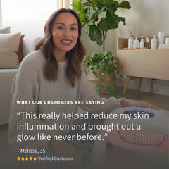Customer review graphic beside the Nicebeam laser light therapy lamp