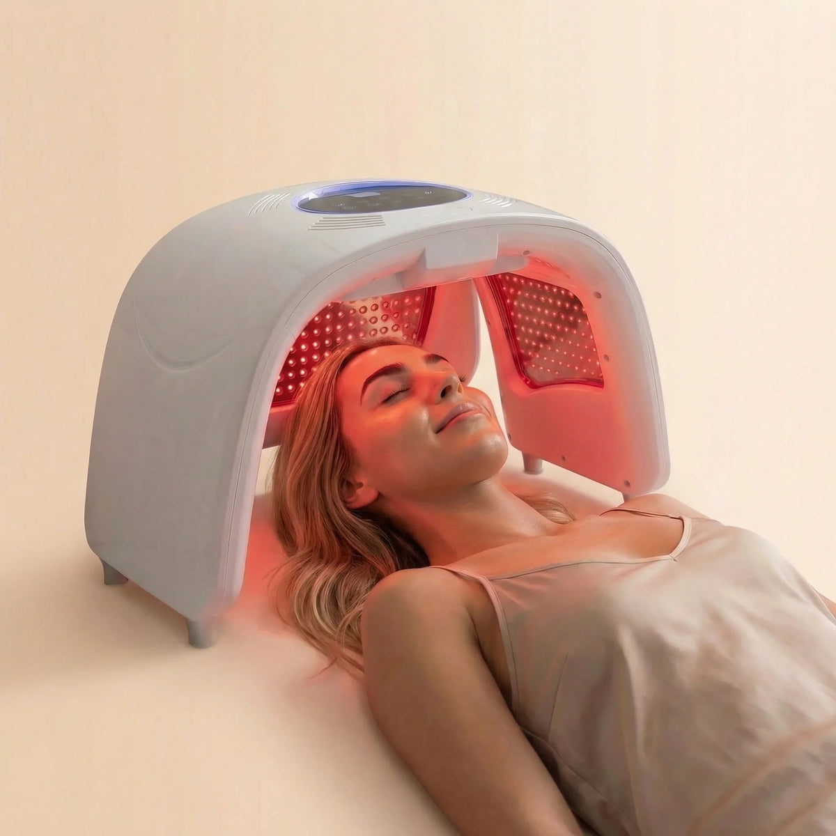 Woman using the Nicebeam 9 in 1 Laser Light Therapy Lamp for a facial session